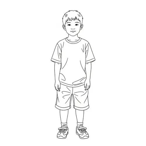 Black and White Sketch of 8-Year-Old Asian Boy