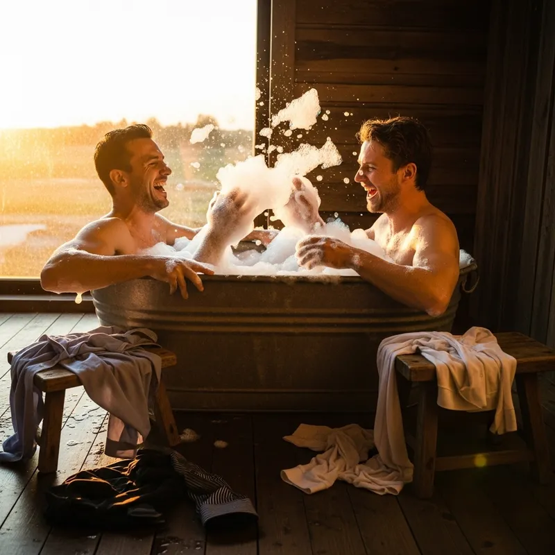 Two White Guys Bathing in a Basin | Laughter and Bubbles