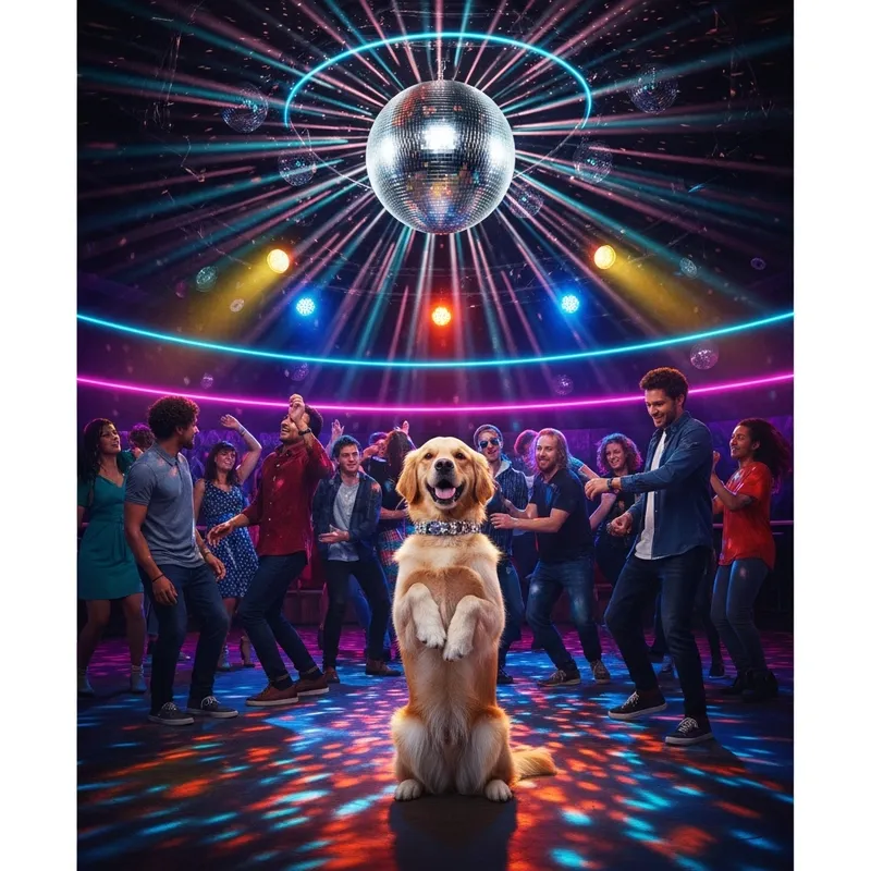 A Playful Disco Scene with a Golden Retriever