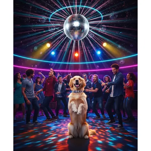 Colorful Disco Scene with a Playful Golden Retriever