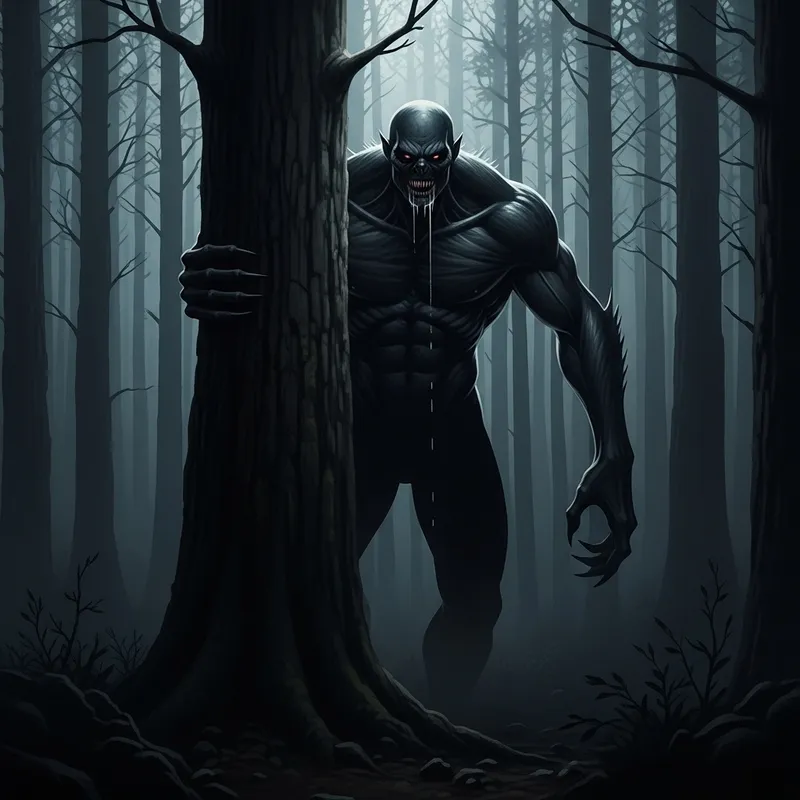 Daunting Encounter: Towering Humanoid Lurking in Ominous Forest
