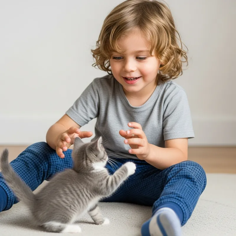 Cute Blond Boy with Curly Hair Playing with Gray Kitten