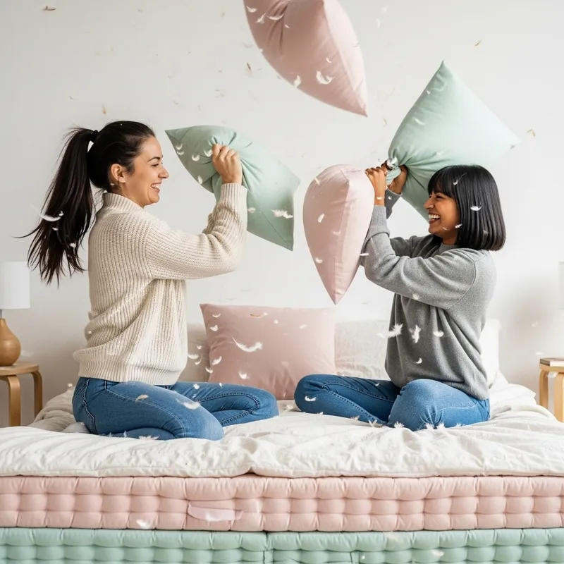 Playful Pillow Fight Between Diverse Women | Cozy Pastel Colors