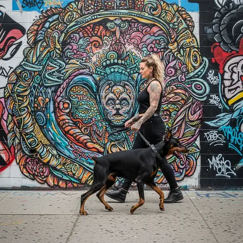Urban Artistry: Tattoed Woman Walking Doberman Dog by Colorful Graffiti Wall