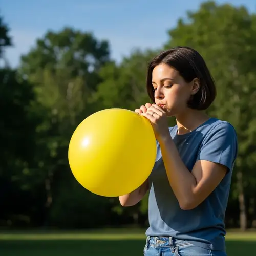 Caucasian Woman Inflating Bright Yellow Balloon in Sunny Park