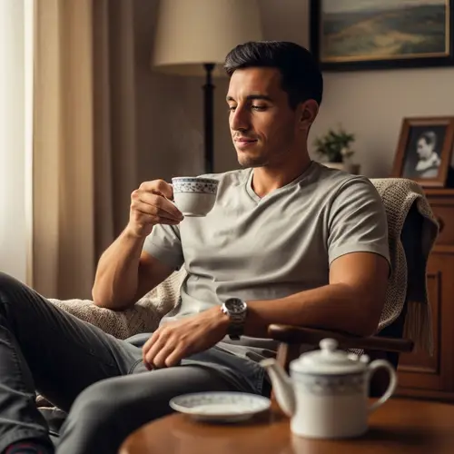 Cristiano Ronaldo Enjoying Tea in a Cozy Living Room