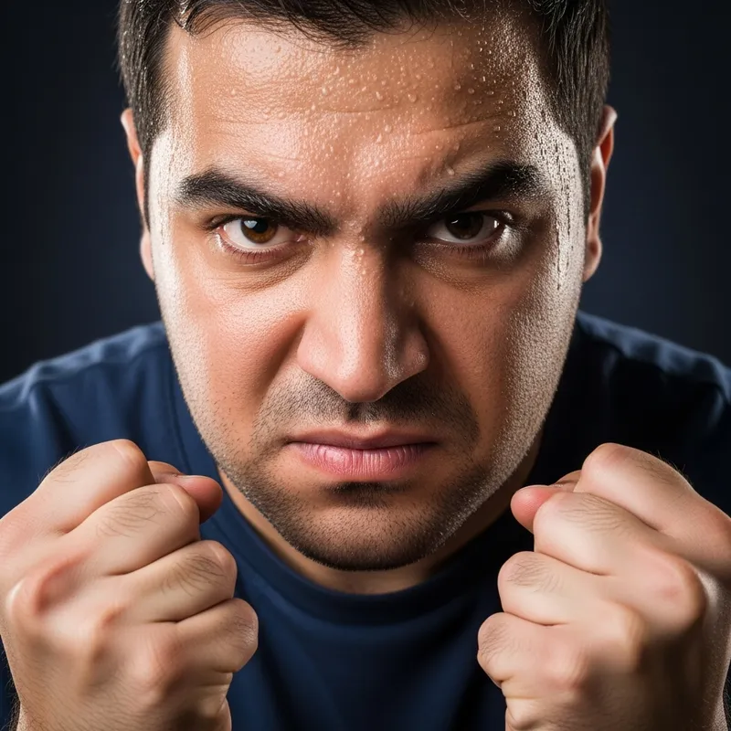 Intense Anger: Powerful Middle-Eastern Man in Navy Blue Shirt