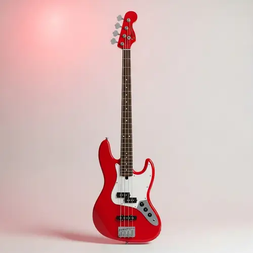 Vivid Red Bass Guitar - Harmonious Design with Gleaming Metal Strings