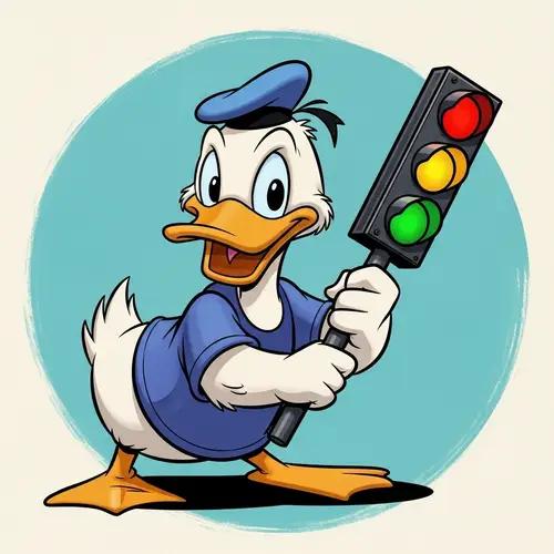 Comic Duck-Like Creature with Colorful Traffic Signal