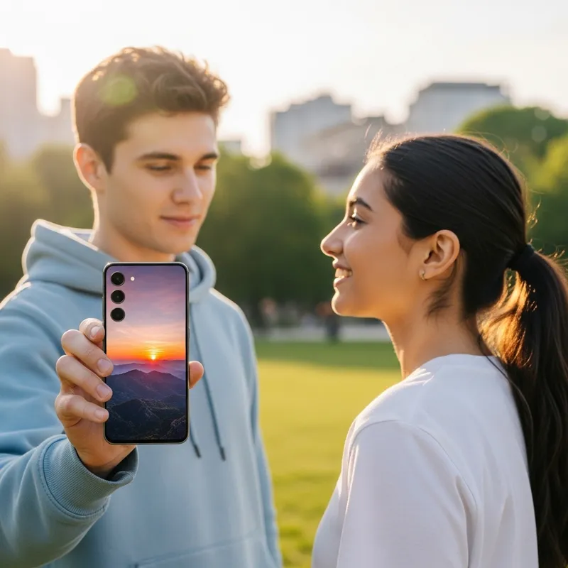 Two Youth Standing, One Showing Samsung Phone