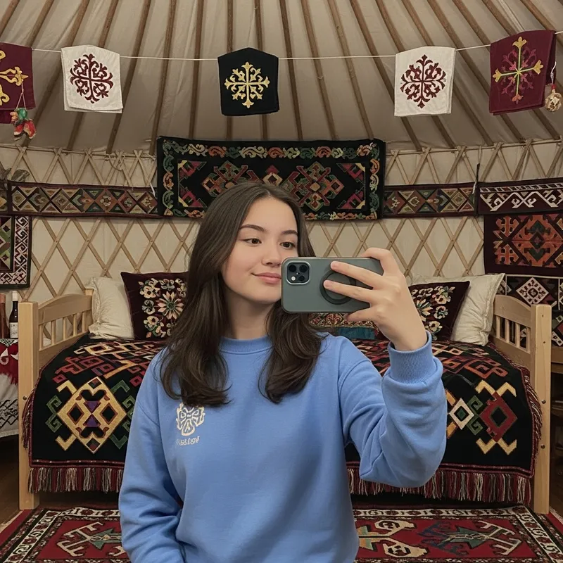 Kyrgyz Girl's Bedroom Selfie Captures Cultural Beauty