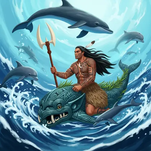 Tangaroa: Maori God Swimming with Dolphins and Whales
