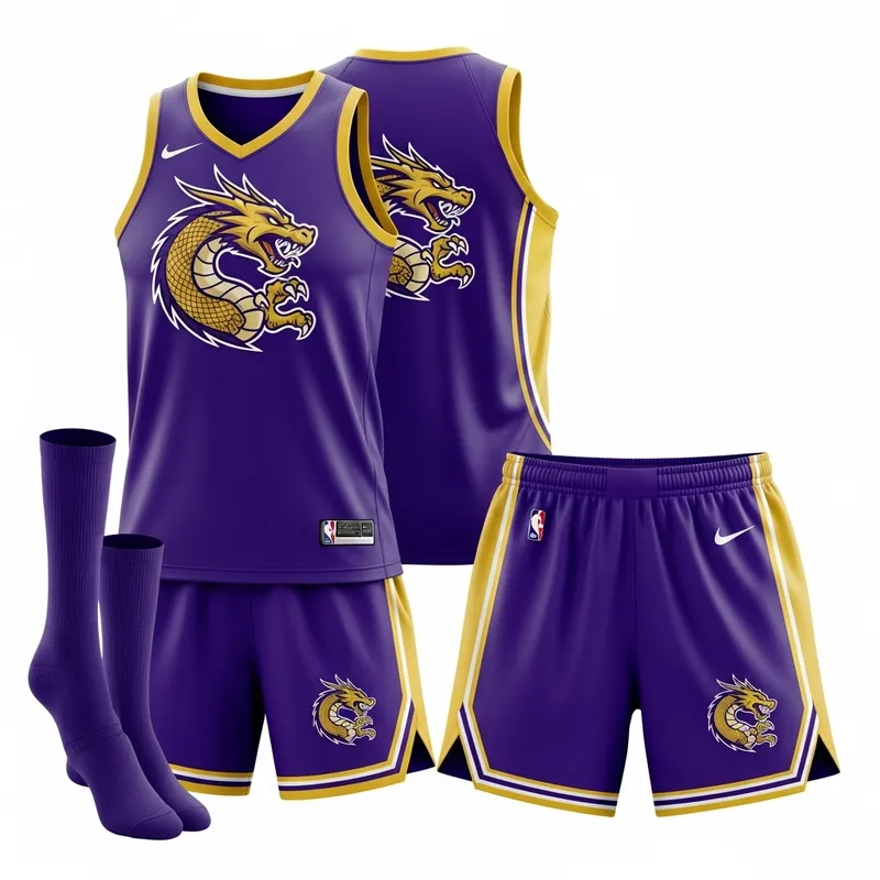 Dragon-Themed Purple and Gold Basketball Uniform