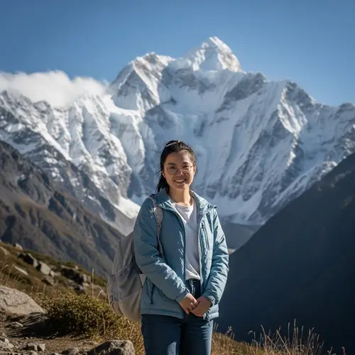 Asian Female Student Backpacking in Majestic Snow-Capped Mountain Scene