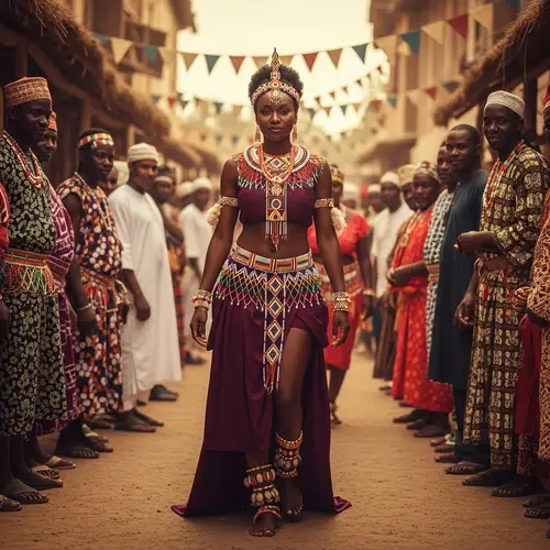 Stunning Black African Princess in Traditional Garments Walking Through Vibrant Village Streets