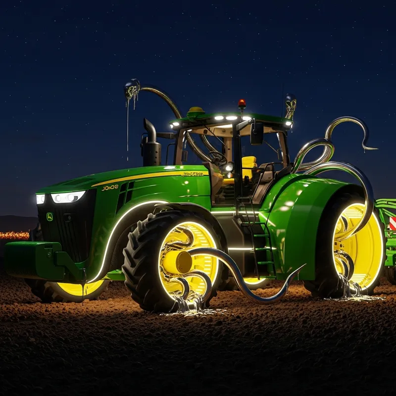 Futuristic John Deere Tractor with LED Lights and Metallic Tentacles Futuristic John Deere Tractor with LED Lights and Metallic Tentacles
