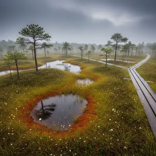 Tranquil Bog Landscape with Peat Moss and Cotton Sedge