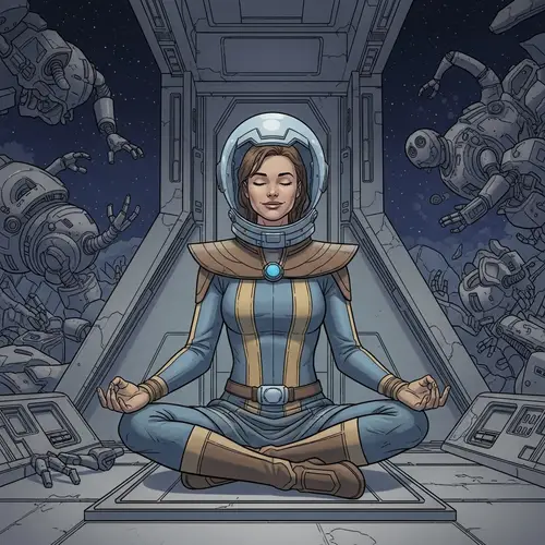 Space Futurism: Meditating Woman in Interstellar Spaceship