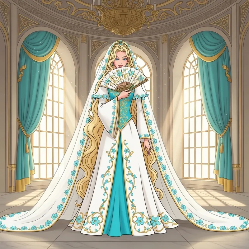 Blonde Empress Walking in Royal Palace | Elegant Fan & Gown