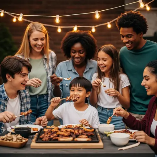 Multicultural BBQ Party: Filipino Child Enjoying Samgyupsal with Friends