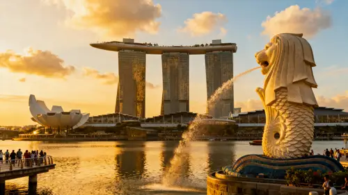 Futuristic Singapore Skyline: Marina Bay Sands & Merlion