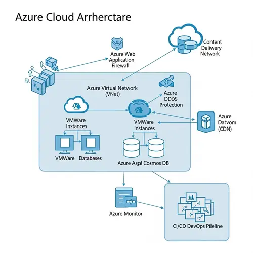 Azure Cloud Architecture with VMWare, Databases, WAF, VNet, DDos, CDN, Azure Monitor, CI/CD DevOps