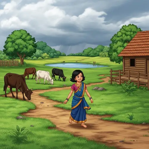Young Indian Girl Playing Joyfully on Traditional Farm