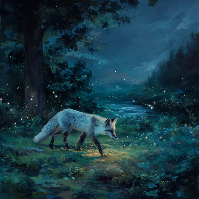Moonlit Glade with a Silver Fox and Fireflies Moonlit Glade with a Silver Fox and Fireflies