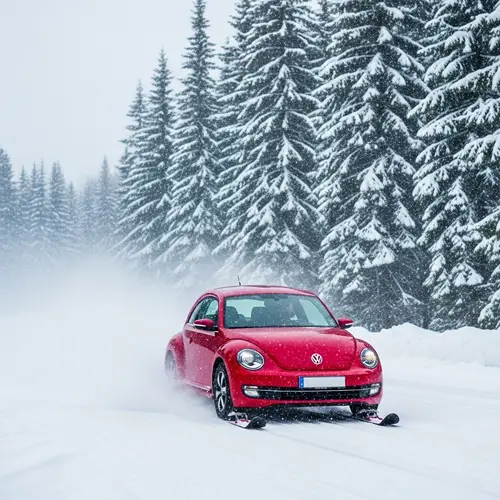 Red VW Beetle with Skis Gliding in Snow