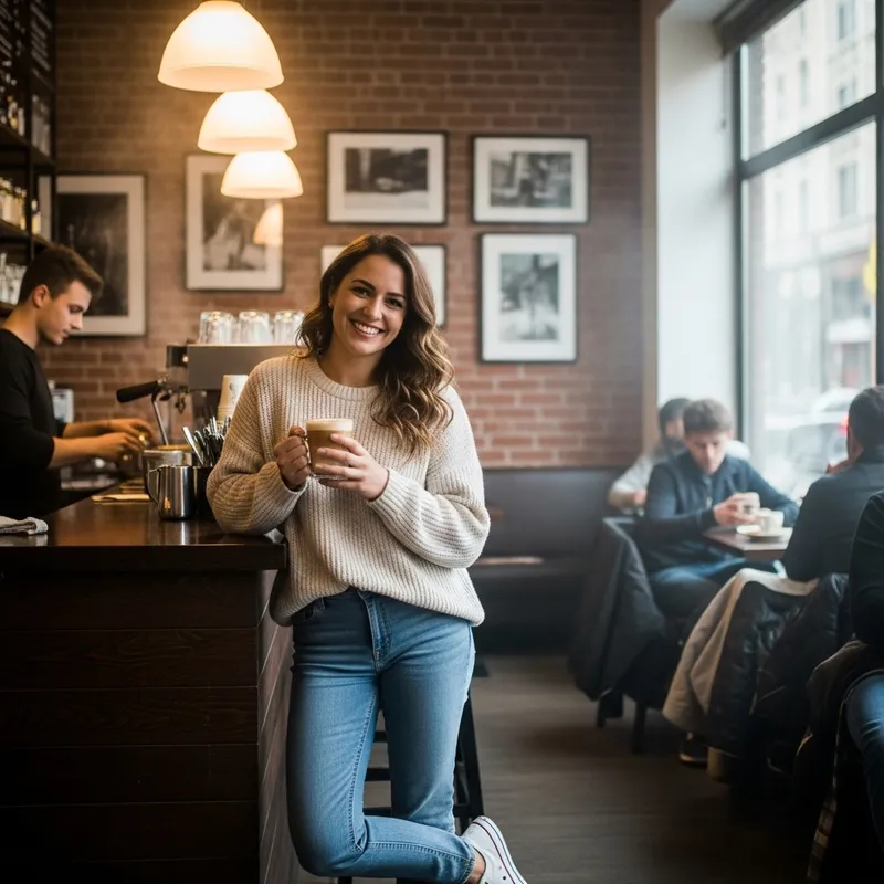 Smiling Woman with Drink in Cozy Cafe