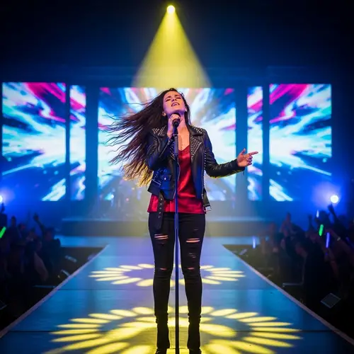 Female Singer with Dark Hair Performing on Brightly Lit Stage