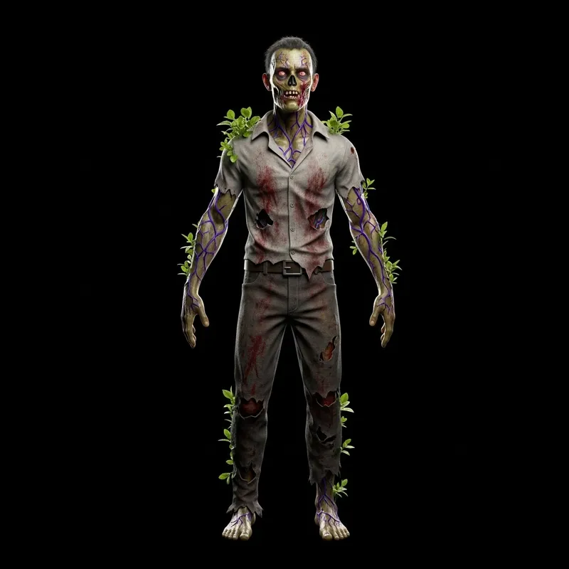 Detailed 3D Skinny Zombie with Veins and Plant Growth