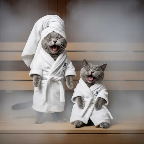 Realistic Grey Cats in a Whimsical Sauna Scene