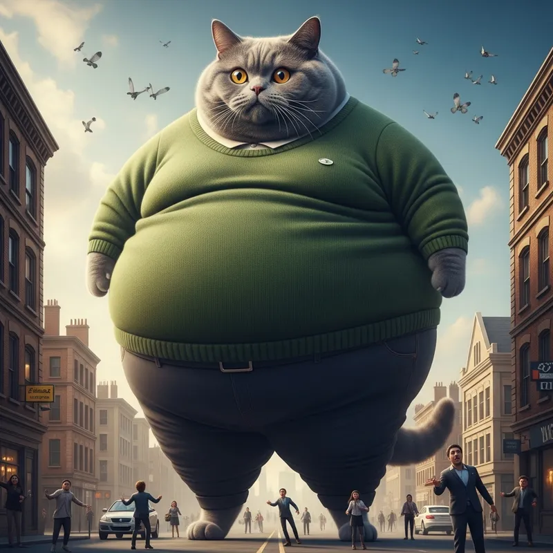Massively Overweight Grey British Cat in Realistic City Setting - Hyperrealistic Photo