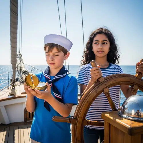 Adventurous Boy and Girl Sailing Team on Vast Ocean | Compass and Ship