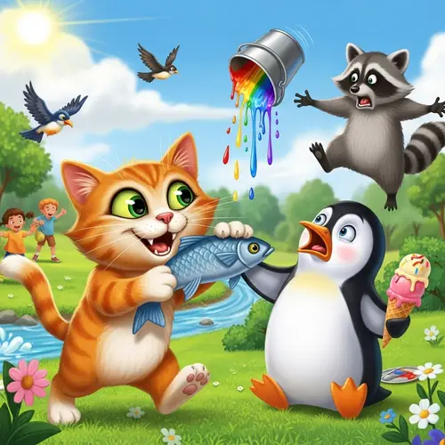 Whimsical Illustration of a Funny Cat and Penguin in a Park