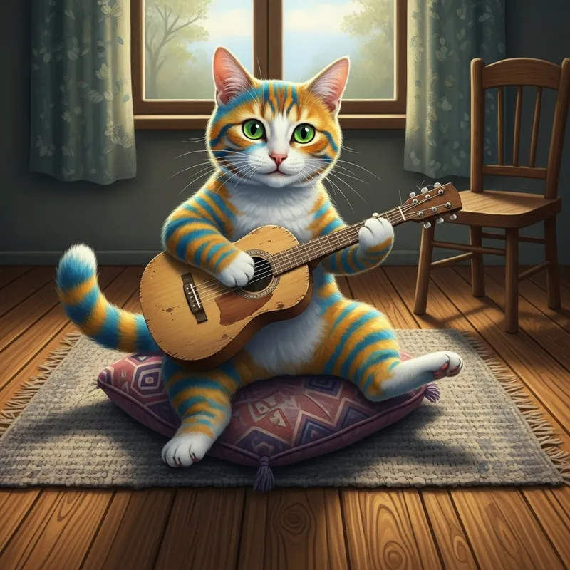 Playful Cat Playing Guitar on Cozy Cushion