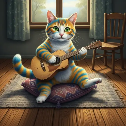 Playful Cat Strumming Guitar on Cozy Cushion