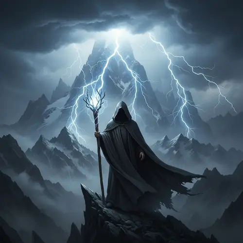 Mysterious Figure Wielding Glowing Staff Against Stormy Mountain