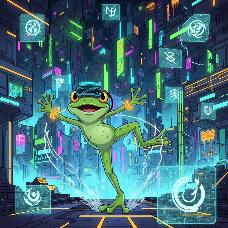 Mystical Pepe Frog in Cyberpunk Virtual Reality Neon World