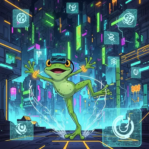 Dynamic Dancing Green Frog in Cyberpunk Virtual Reality World