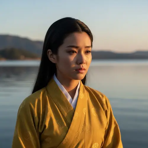 Sad Kunoichi in Yellow Huomongi by the Lake