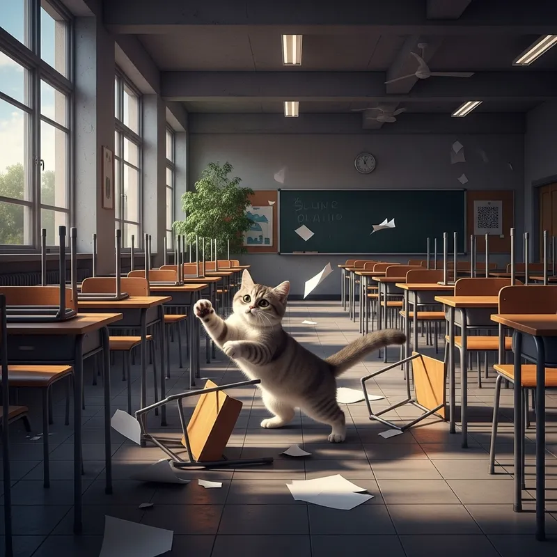 Determined Cat Wreaks Havoc in Empty School