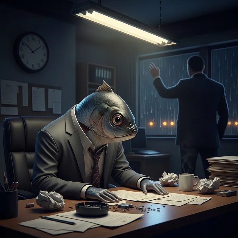 Dejected Sardine in Suit During Overtime Scolding
