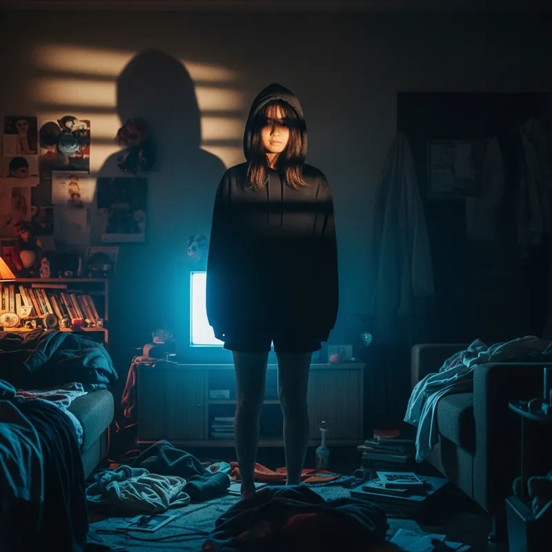 Young Asian Woman Standing in Dimly Lit Room | Dramatic Shadows