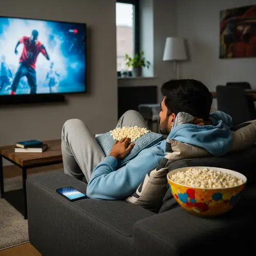Relaxed South Asian Student with TV and Popcorns