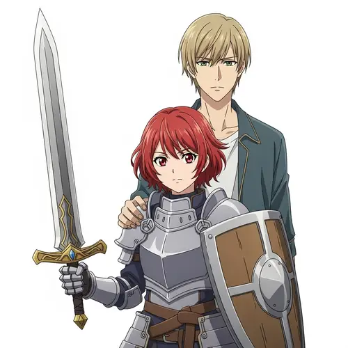 Armored Red-Haired Girl with Sword and Shield Protects Male Companion