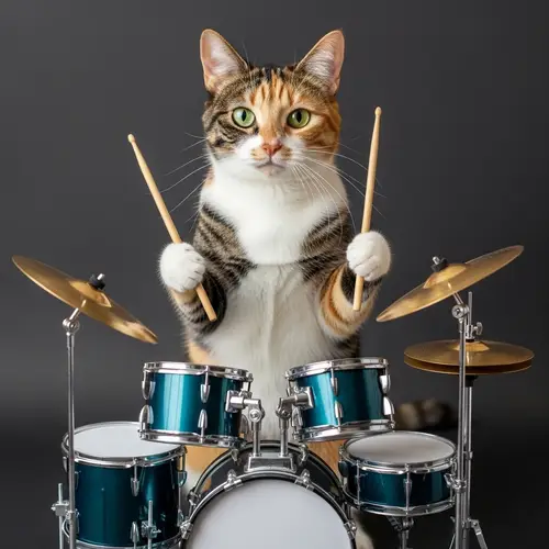 Calico Cat Drummer Playing Percussion Set