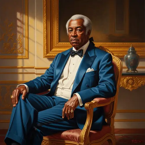 Neoclassical Oil Painting of Distinguished Figure in Royal Blue Tuxedo