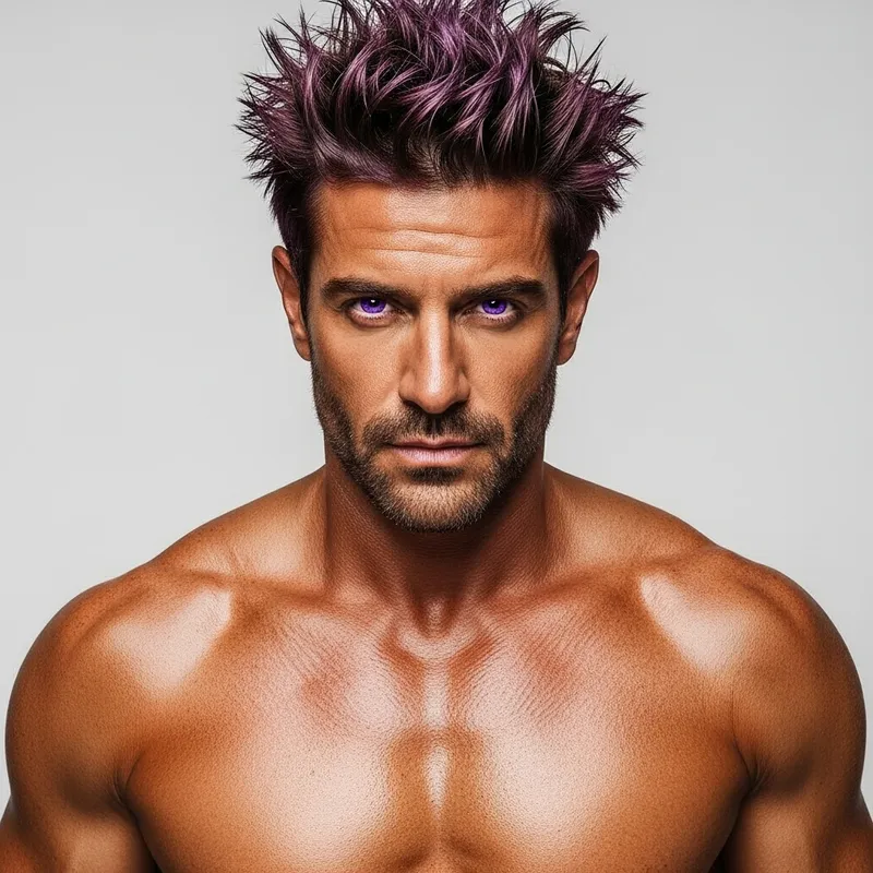 Photorealistic Man with Spiked Violet Hair and Bronzed Skin